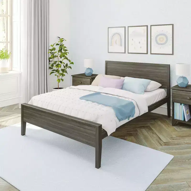 Full Size Bed Frame with Headboard, Solid Wood Platform Bed for Kids
