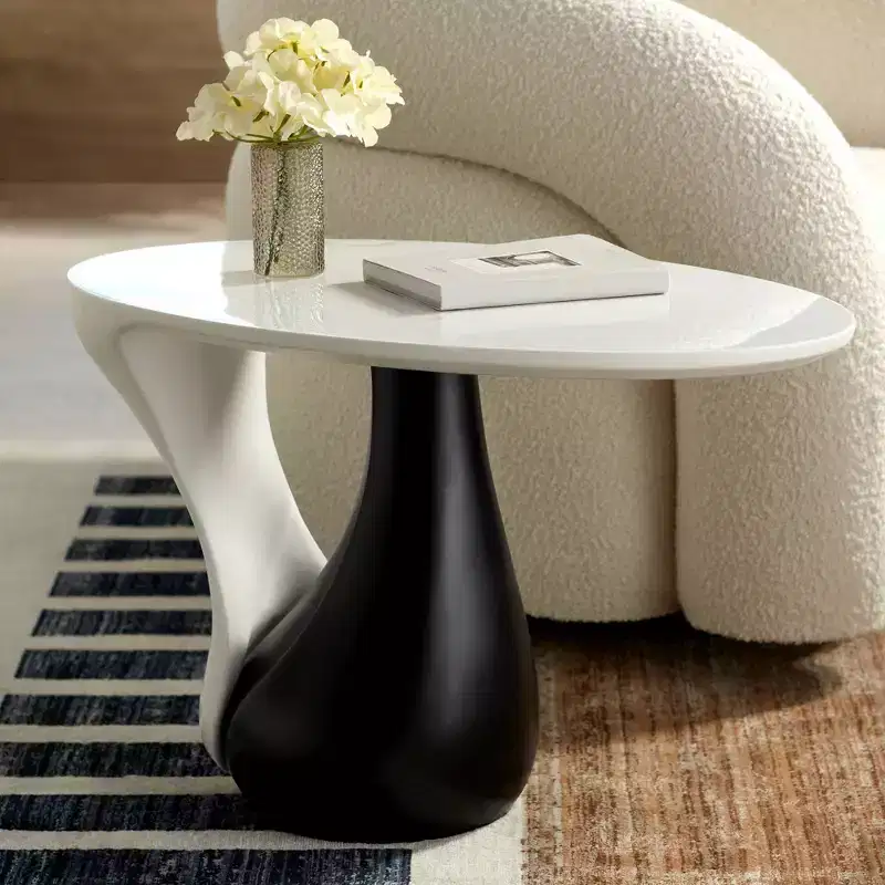 Modern Black Oval Coffee Table 27 1/2 x 17 1/2 White Marble Tabletop and Side for Living Room Bedroom House