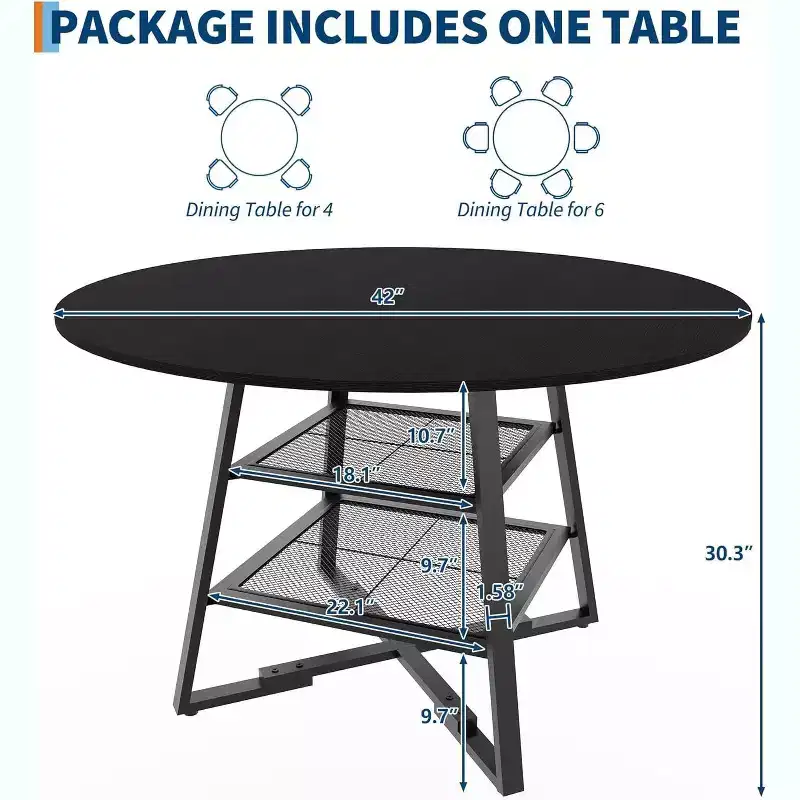 Round Dining Table for 4, 42 Inch Kitchen Table with Storage Shelf, High Top Farmhouse Design Wood & Metal, Family Dining Table for 4-6 People