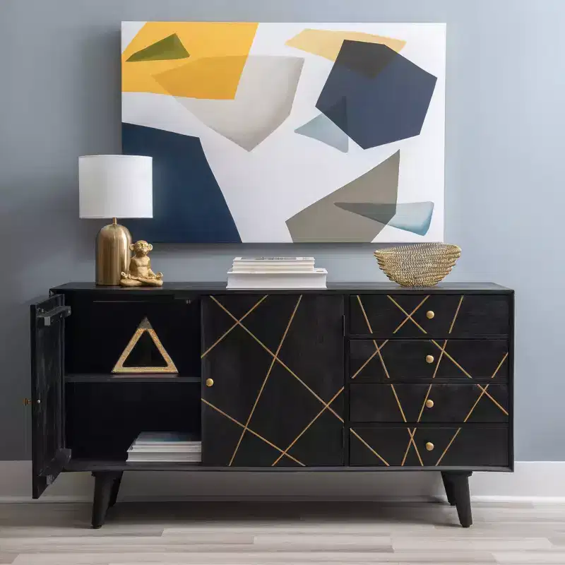 58" Wafford Mid Century Modern Storage Console - Powell: Mango Wood, Iron Hardware