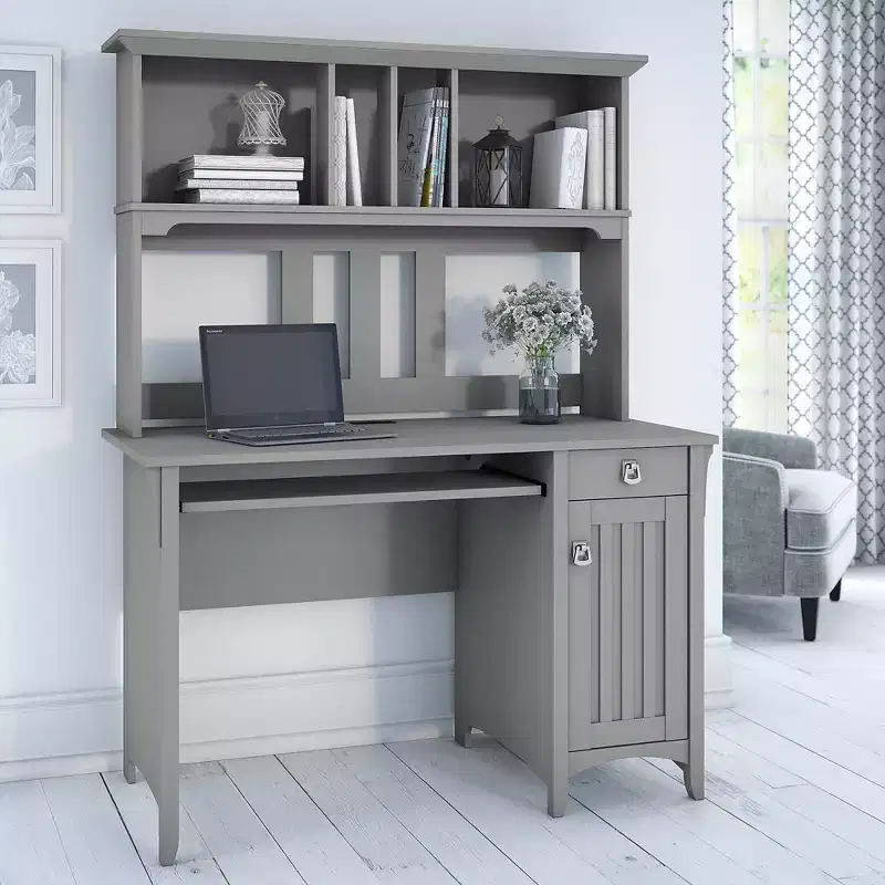 Computer Desk with Hutch - Gray, Mission Style, Pullout Keyboard Tray & Wire Management