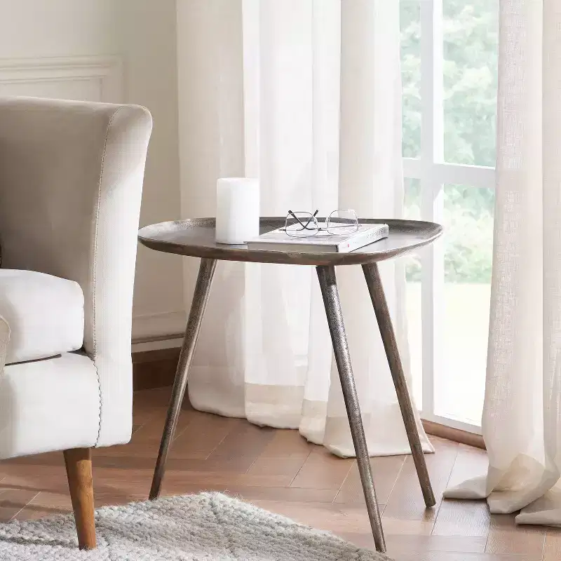 Metal End Table with Rounded Triangular Shape and Three Legs, Handcrafted Aluminum Side Table with Rustic Modern Finish