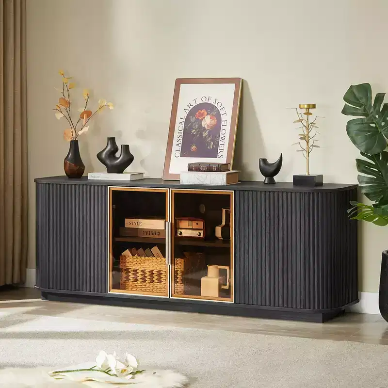 64W Wavy TV Stand with LED Lights, Round Sideboard with Vertical Stripes, Aluminum Door Frame Tempered Glass Storage Cabinet, Black - ModernLuxe