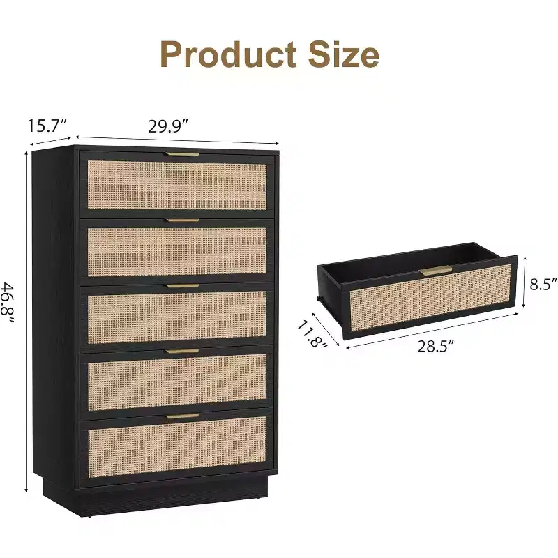 5 Drawer Rattan Dresser for Bedroom, Integrated Cabinet Body & Legs Design, Wooden Chest of Drawers for Hallways, Entryways and Closet, Easy Assembly