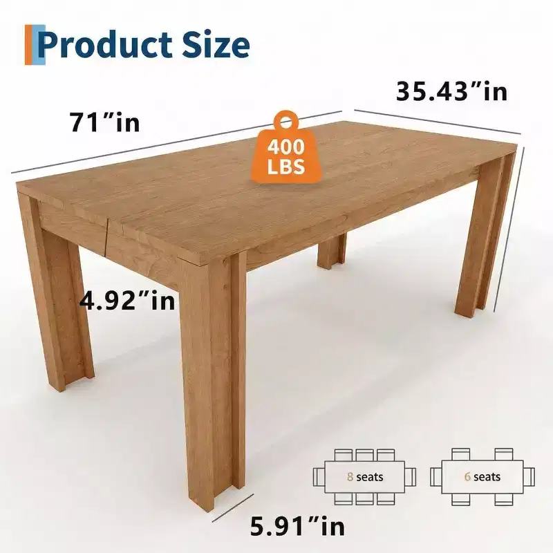 Dining Table for 6-8, Farmhouse Rectangular Kitchen Table with Wide H-Legs, Thick Top, Natural Wood Finish