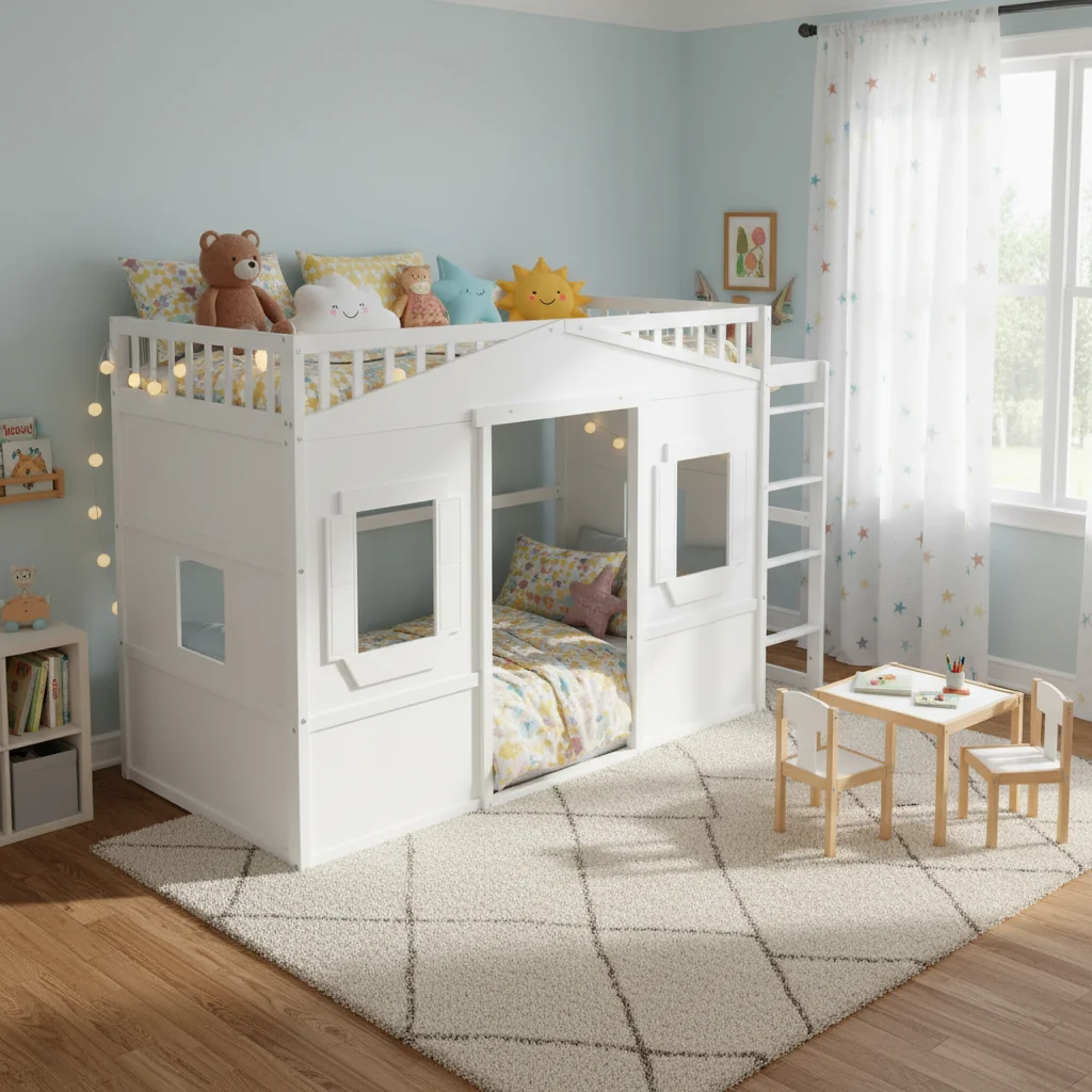 Twin Size Creativity House Bed Wood Loft Bed with Ladder
