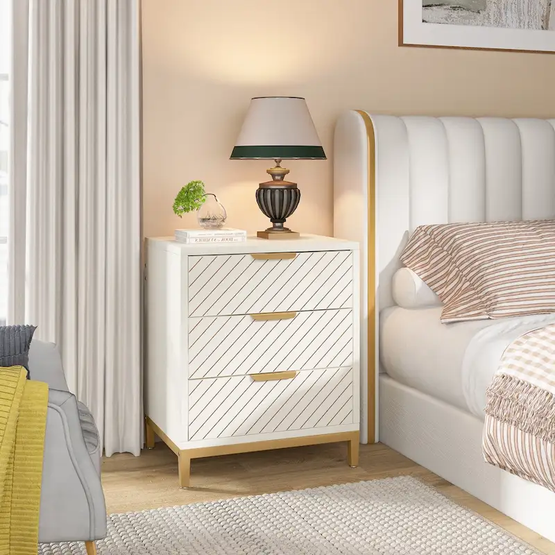 3-Drawer Nightstand with Gold Handles, Light Wood Grain, Particle Board and Metal Frame, 19.69W x 15.75D x 24.6H in