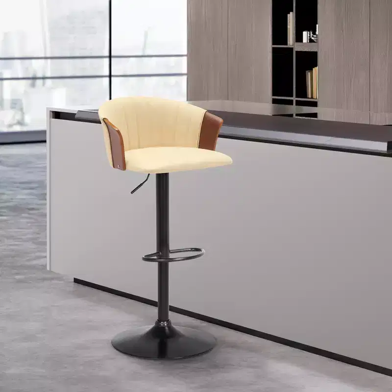 GDFStudio Halsey Wood and Faux Leather Upholstered Adjustable Swivel Bar Stool