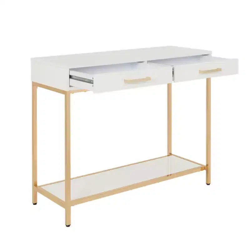 Foyer Table Gold - : Mid-Century Modern, Steel Frame, Dual Drawer Storage