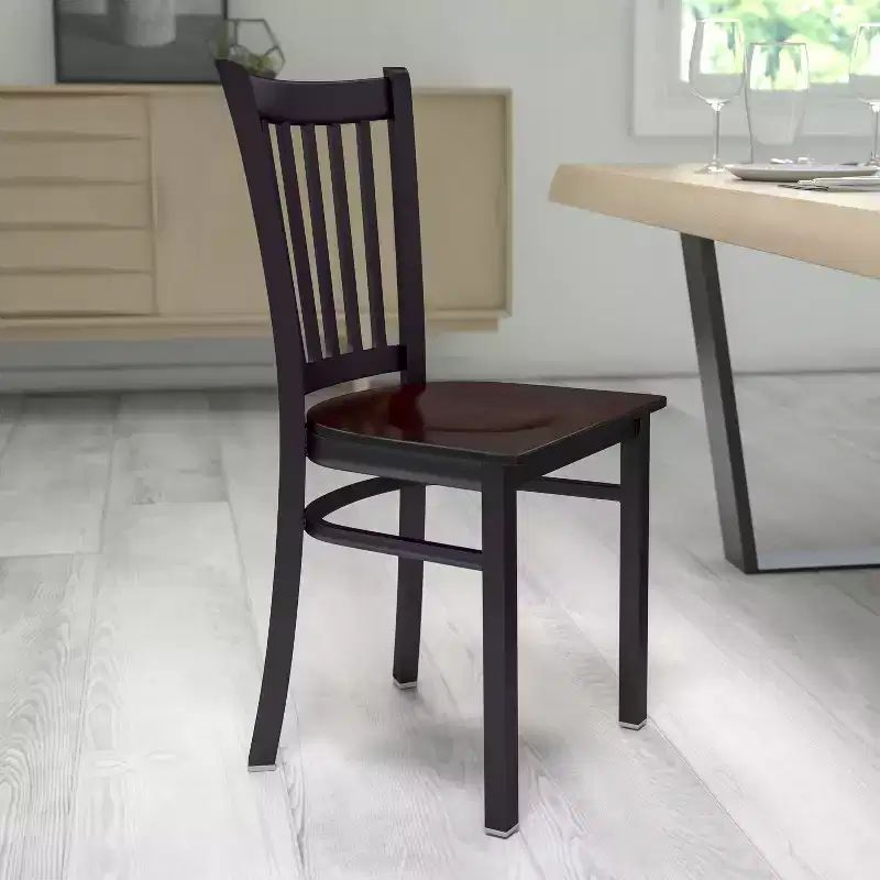 Black Metal Frame Vertical Back Dining Chair – Vinyl or Wood Seat, Seats 1
