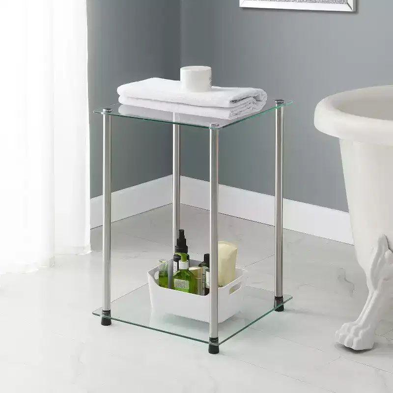 Belmont Glass 2 Tier Square End Table, Modern Accent Side Table with Tempered Glass Shelves and Stainless Steel Frame