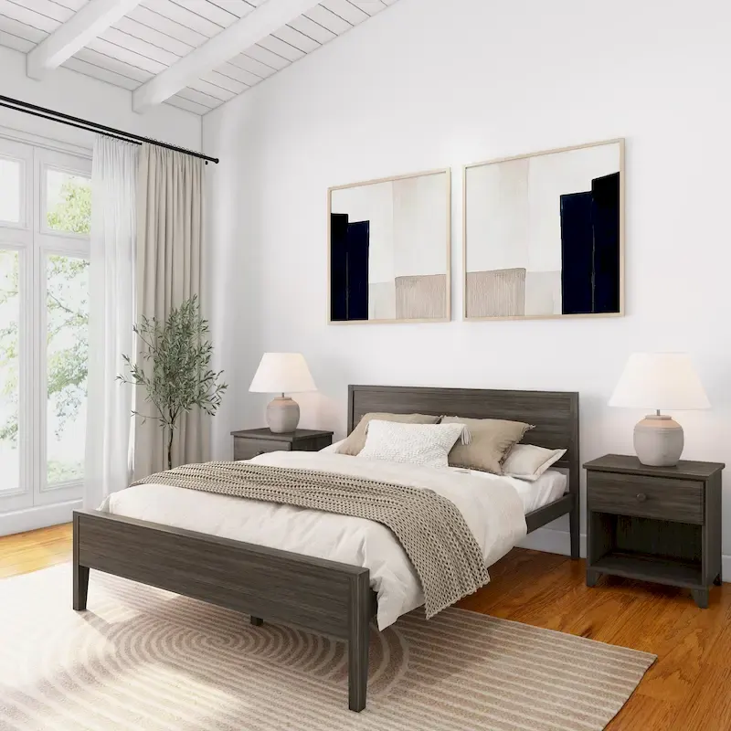 Queen Platform Bed with Panel Headboard, Solid Pine Wood, No Box Spring Needed