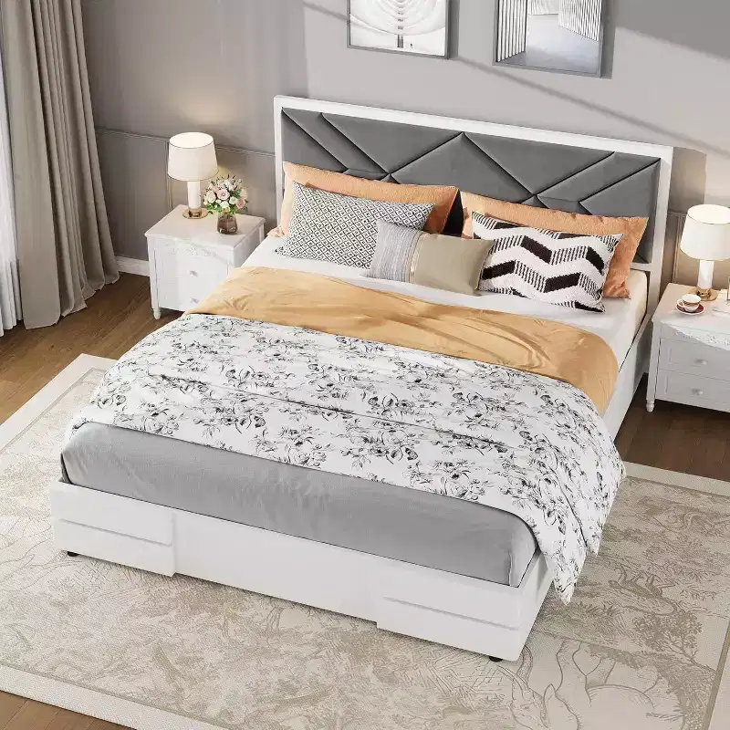 Wooden Bed Frame with Upholstered Headboard, Strong Wooden Slats No Box Spring Needed