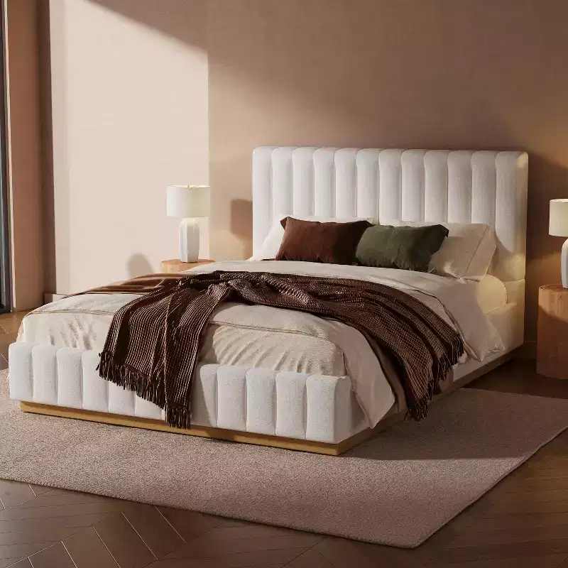 Christopher Knight Home Wendy Modern Linen Upholstered Platform Bed Frame with Vertically Stitched Thick Headboard