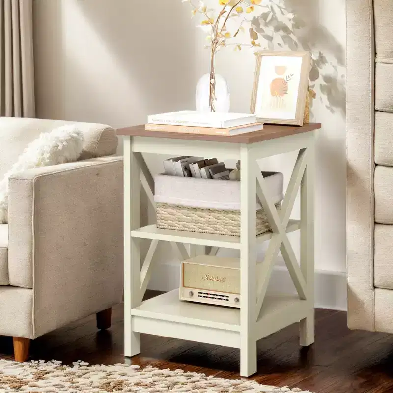 Farmhouse End Table of 2, 3-Tier Rustic Side Tables with X-Shape Design, Wooden Nightstands for Living Room or Bedroom