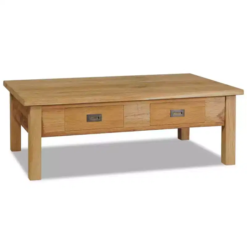 Solid Teak Coffee Table with Two Drawers - Rustic Brown Farmhouse Style Table for Living Room and Lounge, Easy Assembly