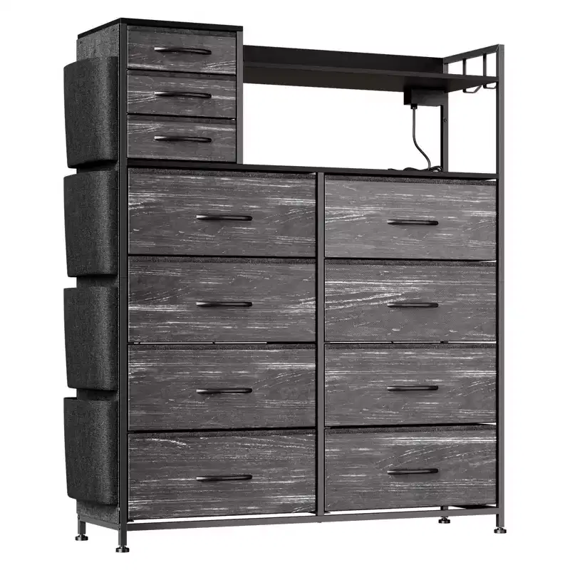 Fabric 11-Drawer Dresser with Charging Station & LED Lights