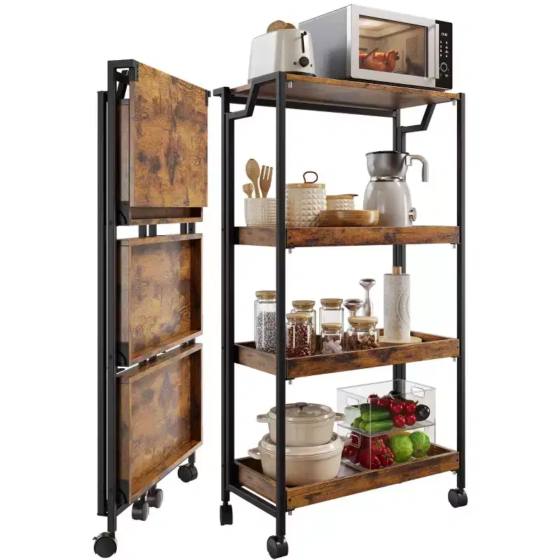4-Tier Folding Wood Storage Cart with Locking Wheels