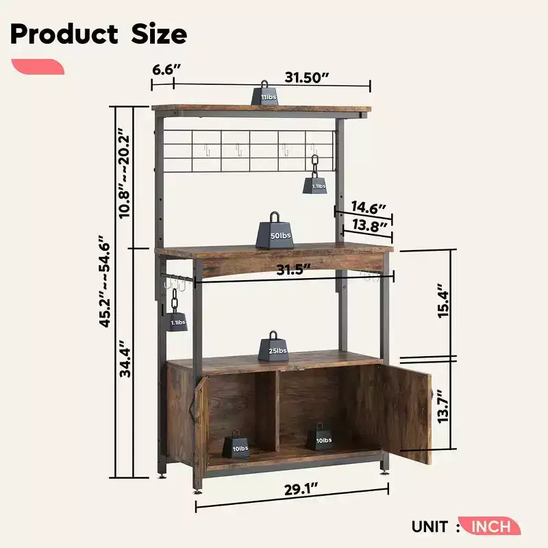 Height-Adjustable Microwave Stand Baker's Rack with Cabinet, Hooks & Wheels, Kitchen Storage