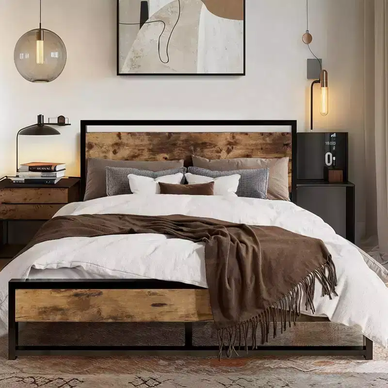 Metal Bed Frame with Rustic Headboard & Footboard, Sturdy Frame Construction, No Box Spring Needed
