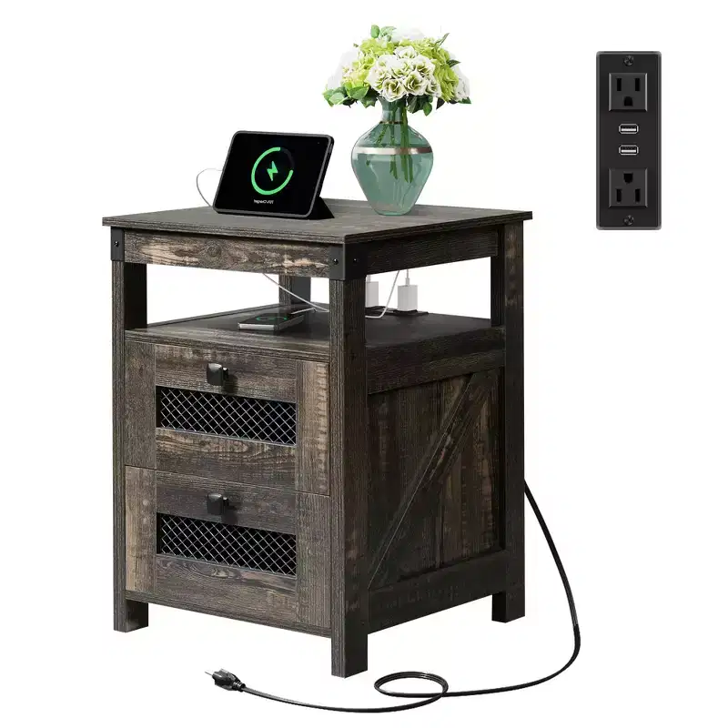 Nightstand with Charging Station, 2-Drawer End Table for Bedroom and Living Room, Farmhouse Side Table with USB Ports and Outlets, Dark Rustic Oak