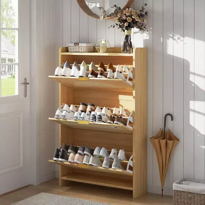 Rattan Shoe Storage Cabinet with 3 Flip Drawers, Free Standing Narrow Shoe Organizer Cabinet with Rattan Doors, Wooden Shoe Rackf for Entryway