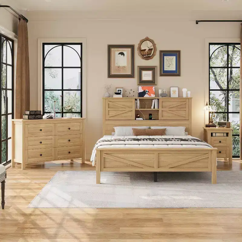 MAYEERTY 3 Pieces Queen Bedroom with Double Sliding Door Storage Headboard and Chariging Station Storage Nightstand and Dresser for Bedroom Natural