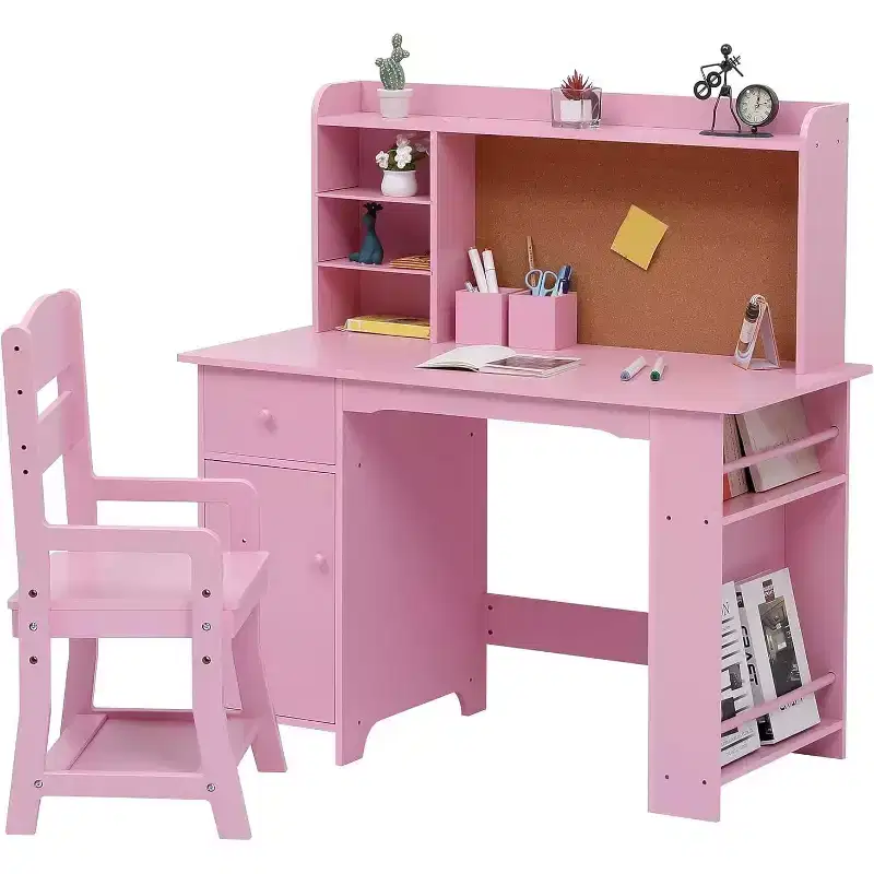 Kids Desk, Study Desk and Chair Set for Boys and Girl, Wooden Kids Writing Table with Bookshelf, Bulletin Board, Cabinet and Drawer for Ages 3-8