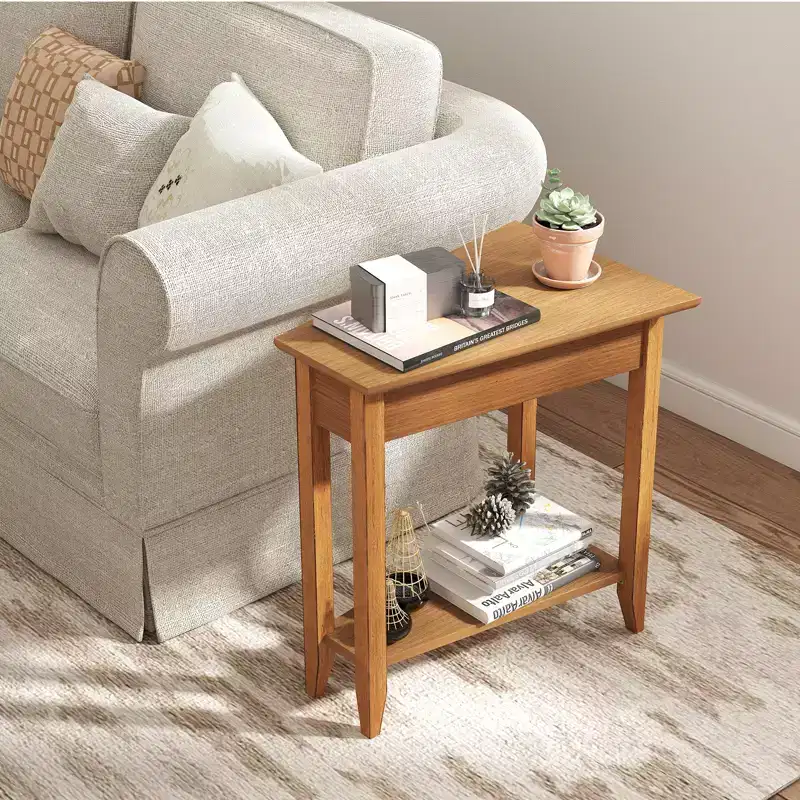 2-Tier Irregular End Table – Narrow Sofa Side Nightstand with Storage Shelf, Walnut
