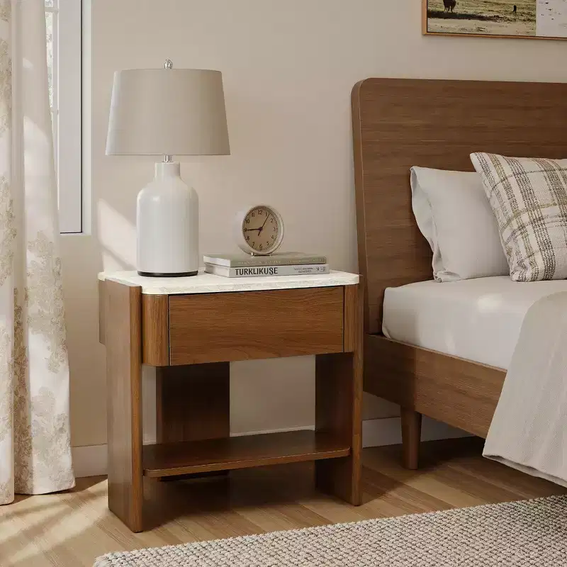 LuxenHome Faux Travertine Nightstand with Drawer and Open Shelf, MDF Wood Accent Side Table Brown