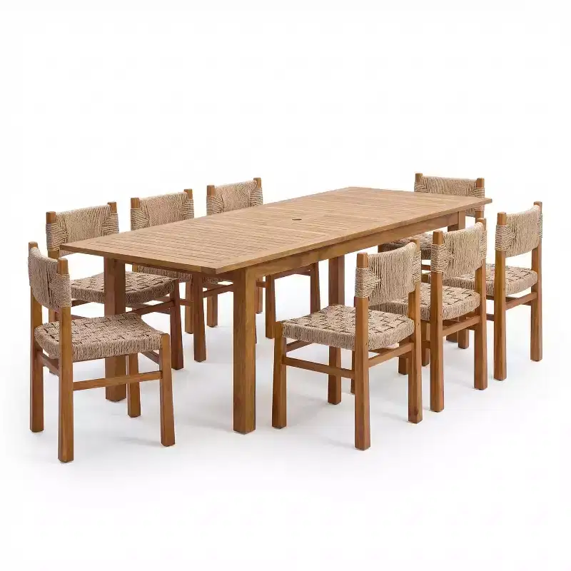 Christopher Knight Home Fineas 9 Piece Boho Outdoor Acacia Wood Dining Set with Expandable Slatted Table and Wicker Design