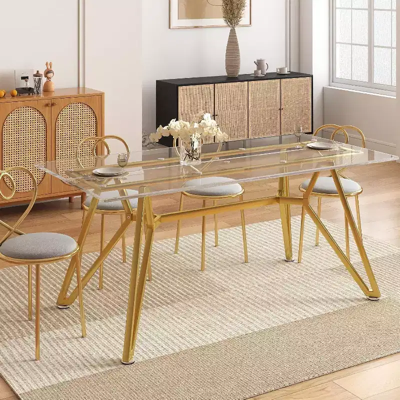 Clear Glass Top Rectangular Dining Table with Gold Metal Legs, Seats 6