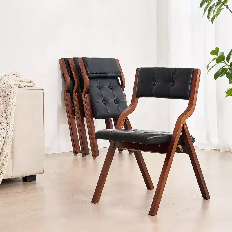VEVOR Wooden Folding Chairs with Leather Cushion, Set of 2, Portable Foldable Cushion Chair with Wooden Frame, Easy Assembly, Black