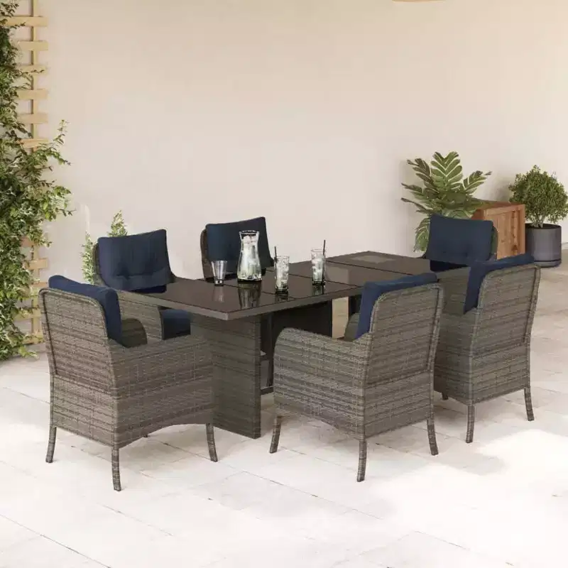 vidaXL 7-Piece Patio Dining Set - Outdoor Gray Poly Rattan Garden Chairs with Navy Cushions, Tempered Glass Tabletop