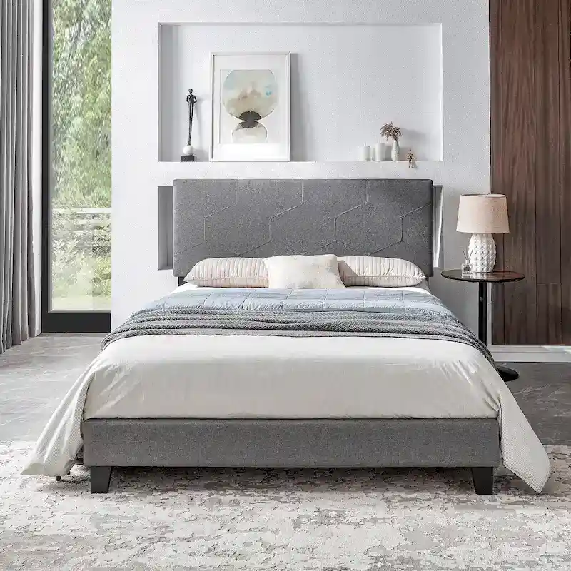 Queen Size Upholstered Platform Bed Frame,Wood Slat Support