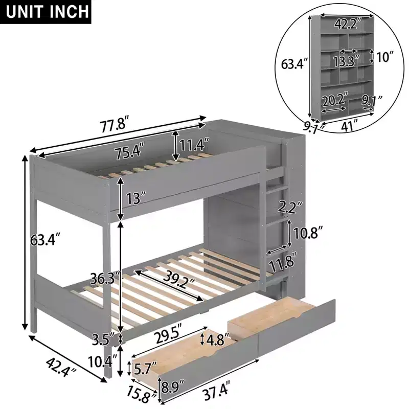 Bunk Bed, Wood Bunk Bed Frame with 2 Drawers and Multi-Layer Cabinet for Kids Teens Adults
