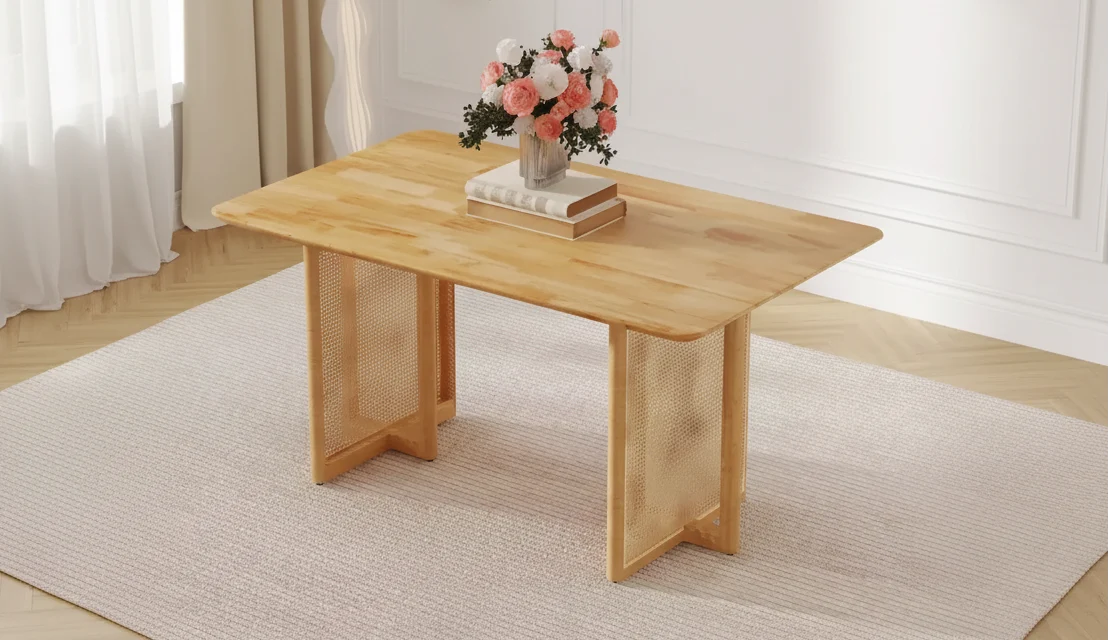 Retro Wood Dining Table with Imitation Rattan Design for Dining Room, Living Room, Office