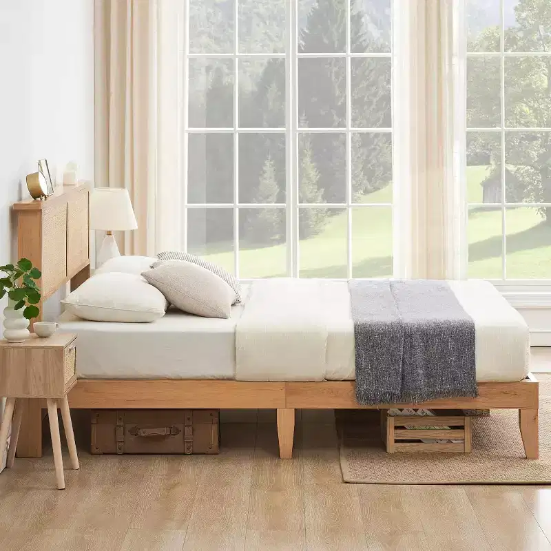 Rattan Bed Frame with Natural Rattan Headboard, Queen Bed Frame with LED Lights, Rattan Queen Bed Frame with Headboard