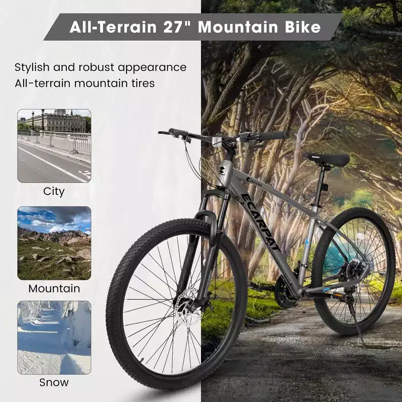 Whisen 27 Inch Mountain Bike 21 Speed, Suspension Fork, Aluminum Frame Disc Brake - Gray