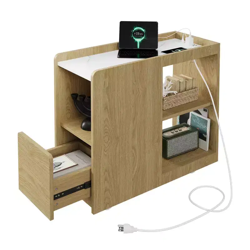 Side Table with Wheels, Drawer and Adjustable Shelf