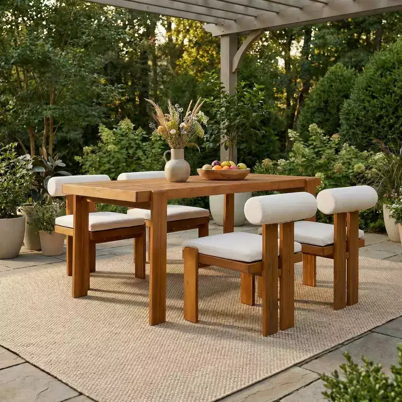 Christopher Knight Home Javier Modern 5 Piece Patio Acacia Upholstered Dining Set with Round Back and Slatted Table