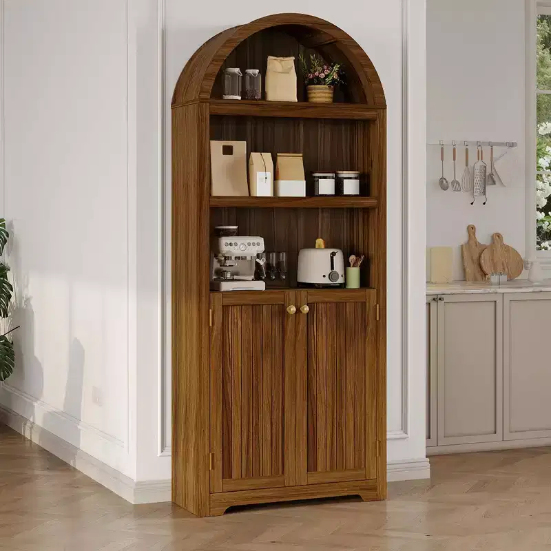 GustoWave 71.6 Tall Arched Cabinet,5 Tier Bookcase Arched Book Shelf with Doors and Adjustable Shelves,Storage cabinet