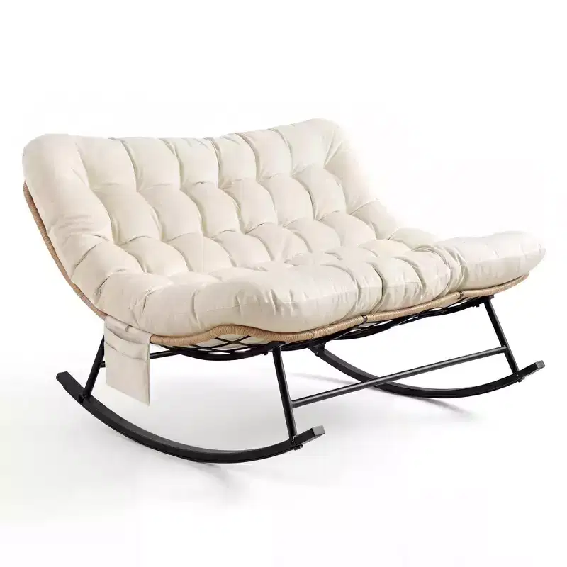 Outdoor Rocking Chair with Soft Fleece,Rattan & Rubber Wood Steel Frame, UV-Resistant Cushion,Side Pocket & 450lb Weight Capacity for Patio & Nursery