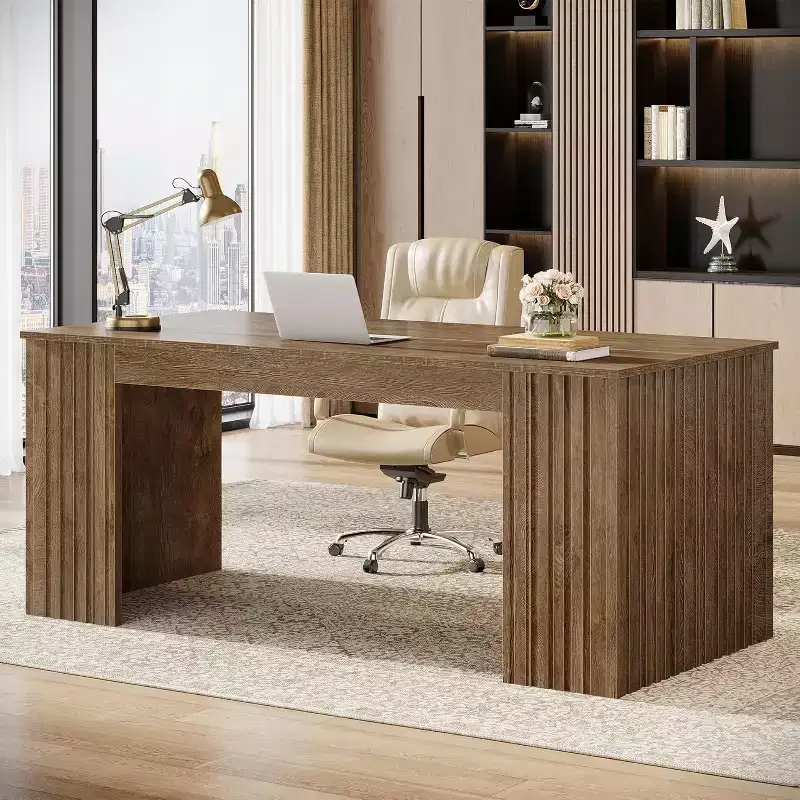 63-Inch Modern Executive Desk, Large Office Computer Desk, Study Writing Table Workstation for Home Office, Brown