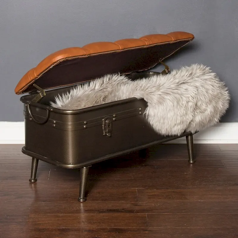 Tan Tufted Faux Leather and Distressed Metal 17-inch High Storage Bench