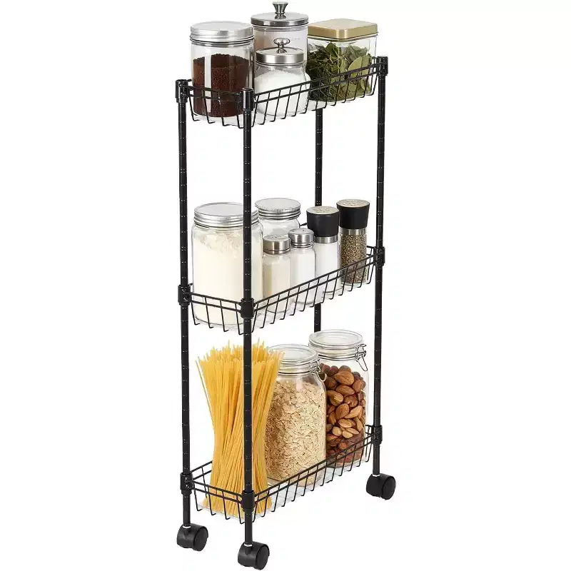 3 Tier Slim Rolling Storage Cart,Metal Utility Cart with Wheels, Adjustable Shelving Unit Basket for Kitchen Bathroom Laundry Room Narrow Corner
