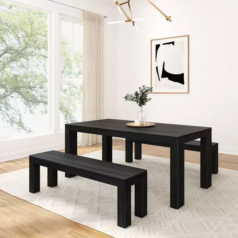 Solid Wood Modern Dining Table Set with 2 Benches – Seats 6, Wirebrush Finish