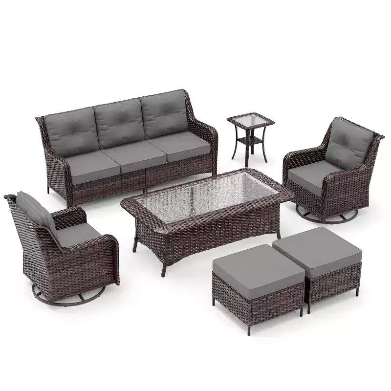 ALAULM 7PCS Rattan Patio Furniture Set, Wicker Outdoor Sofa Set w/2 Swivel Rocking Chairs, 2 coffee tables of different sizes, 2 Ottomans