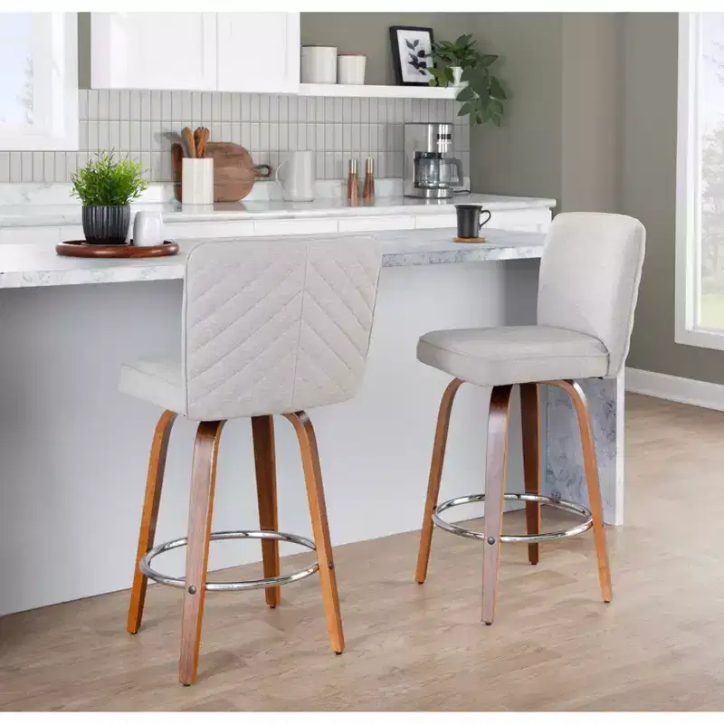 LumiSource Set of 2 Henry Counter Height Barstools Walnut Wood/Beige Fabric