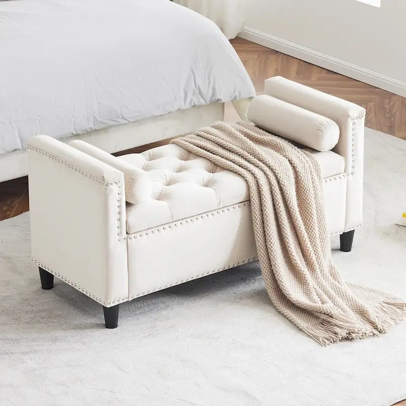 Velvet Button Storage Bench with Armrests and Nailhead Trim